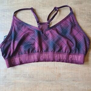 PINK Victoria's Secret Active Women Sports Bra XLarge Maroon Red Black Plaid‎